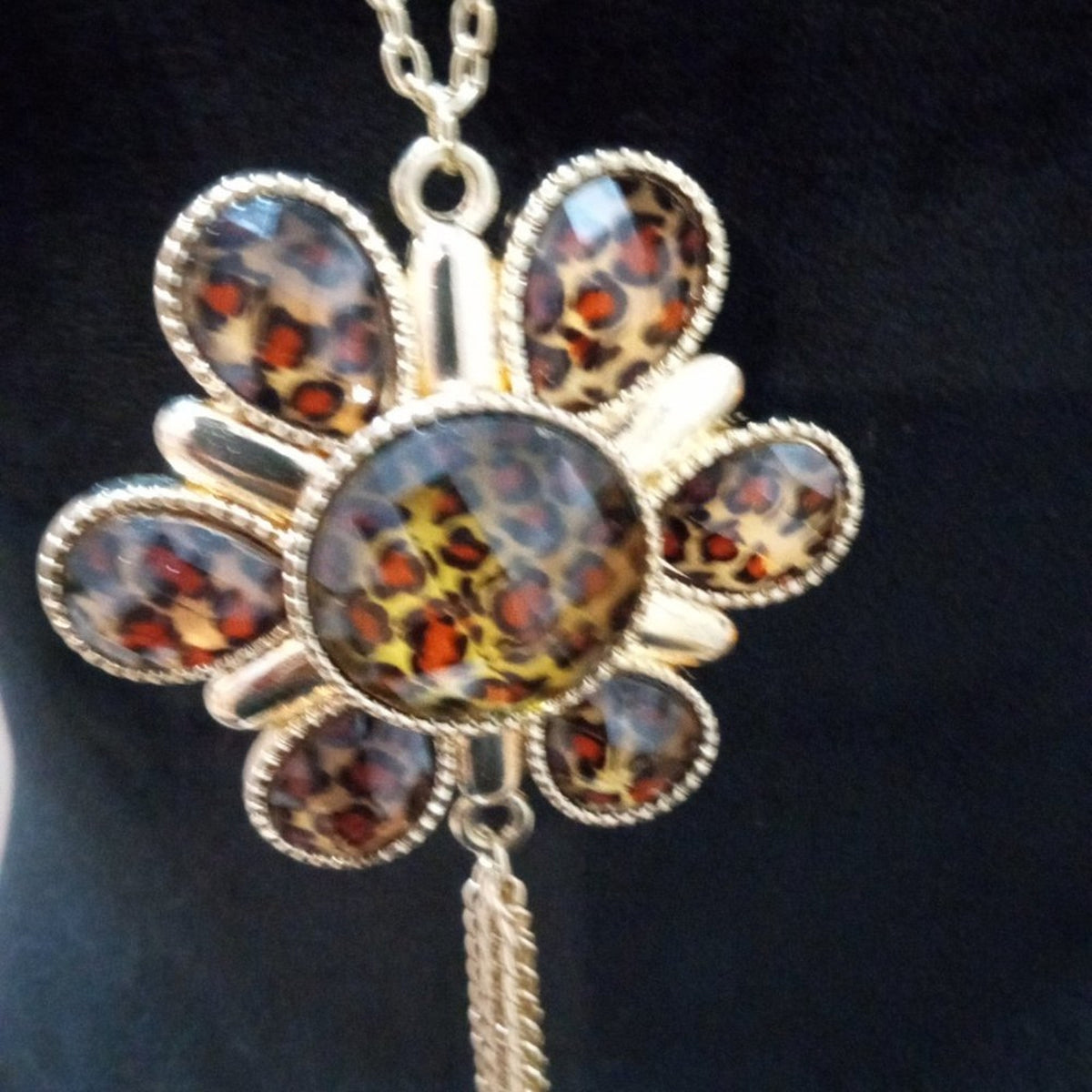 Womens Fashion Chunky Leopard Print Art Floral Tassel Pendant Long Necklace