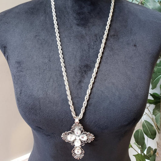 Womens Silver Tone Crystal Cross Pendant Necklace Rope Chain with Lobster Clasp