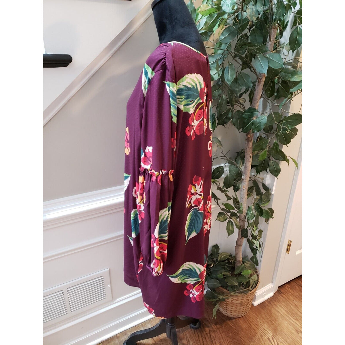 Loft Women's Purple Floral Polyester Round Neck Long Sleeve Knee Length Dress XL