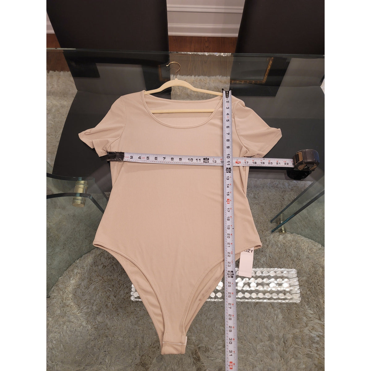 Yozy Bodysuit Set Women's SZ 14 Cream Ribbed Drawstring Scoop Neck Short Sleeve