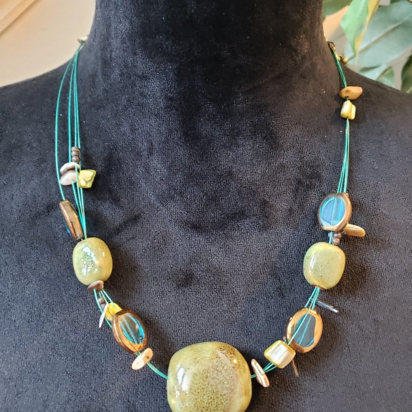 Womens Blue Green Ceramic Glass Wood Shell Collar Necklace with Lobster Clasp
