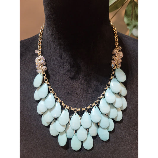 Women's Statement Blue Teardrop Beaded Bib Necklace Crystal Accents Lobster Lock