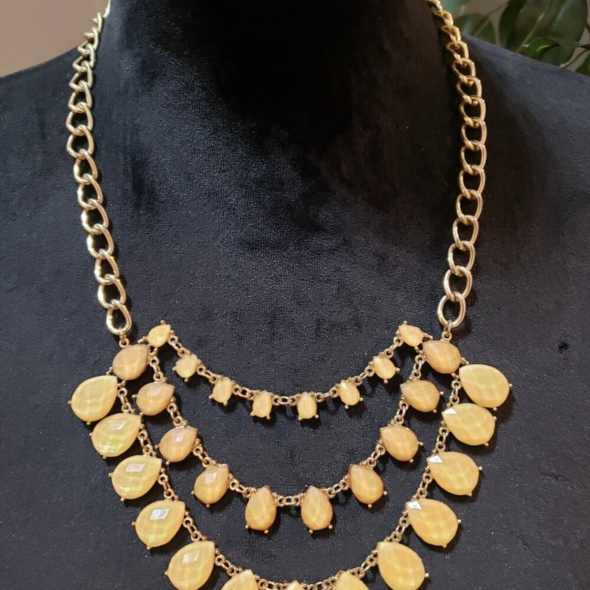 Womens Fashion Gold Tone Triple Strand Teardrop Beaded Statement Necklace