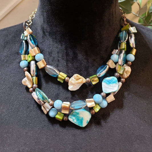 Womens Multicolor Stone Beaded 3 Layer Necklace Jewelry with Lobster Clasp