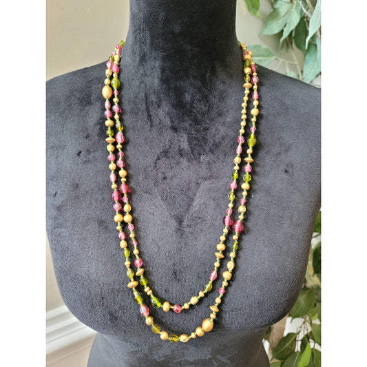 Women's Long Beaded Necklace Gold Pink Green Wood Glass Boho Layered