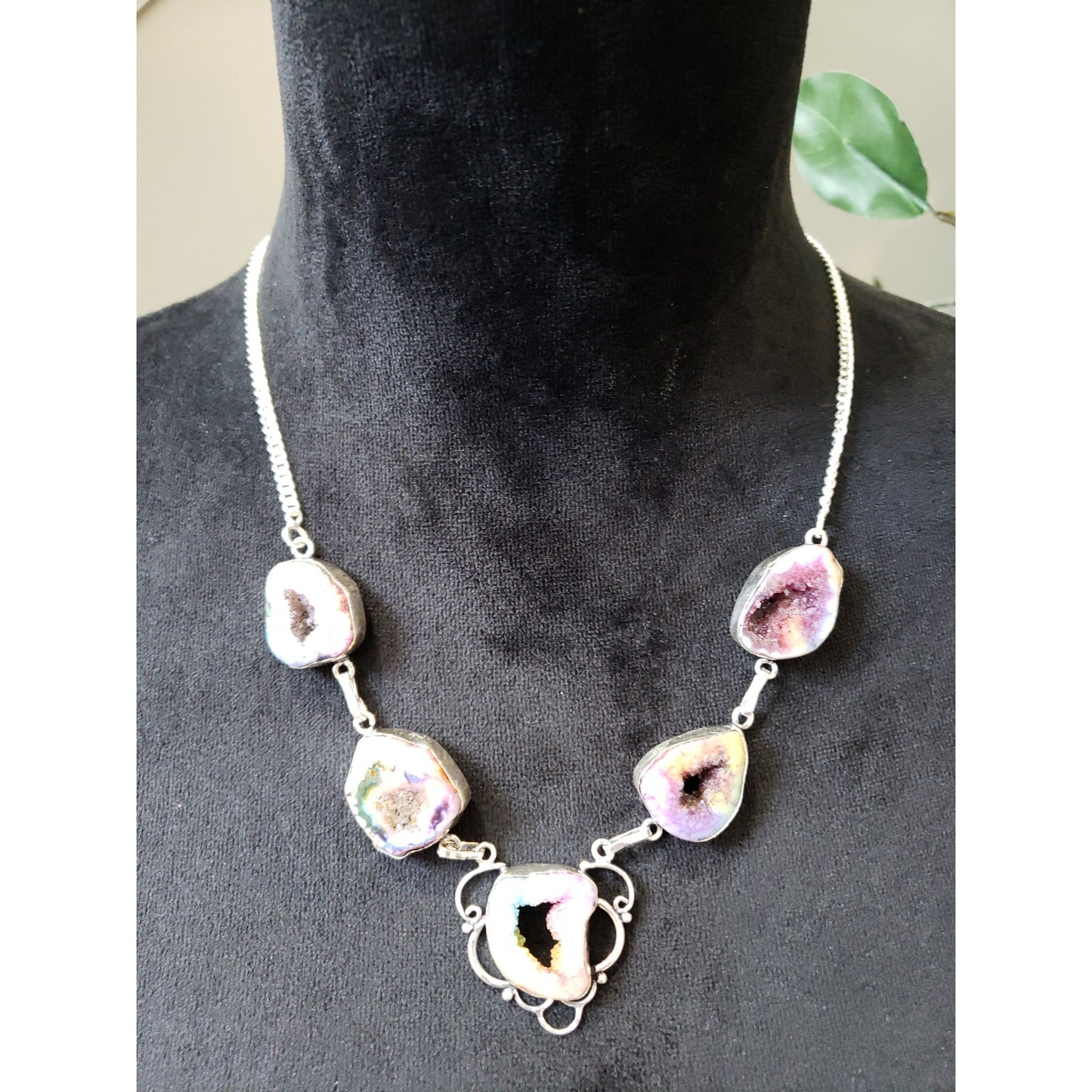 Women's Druzy Geode Necklace Lobster Clasp Set with Toggle Bracelet
