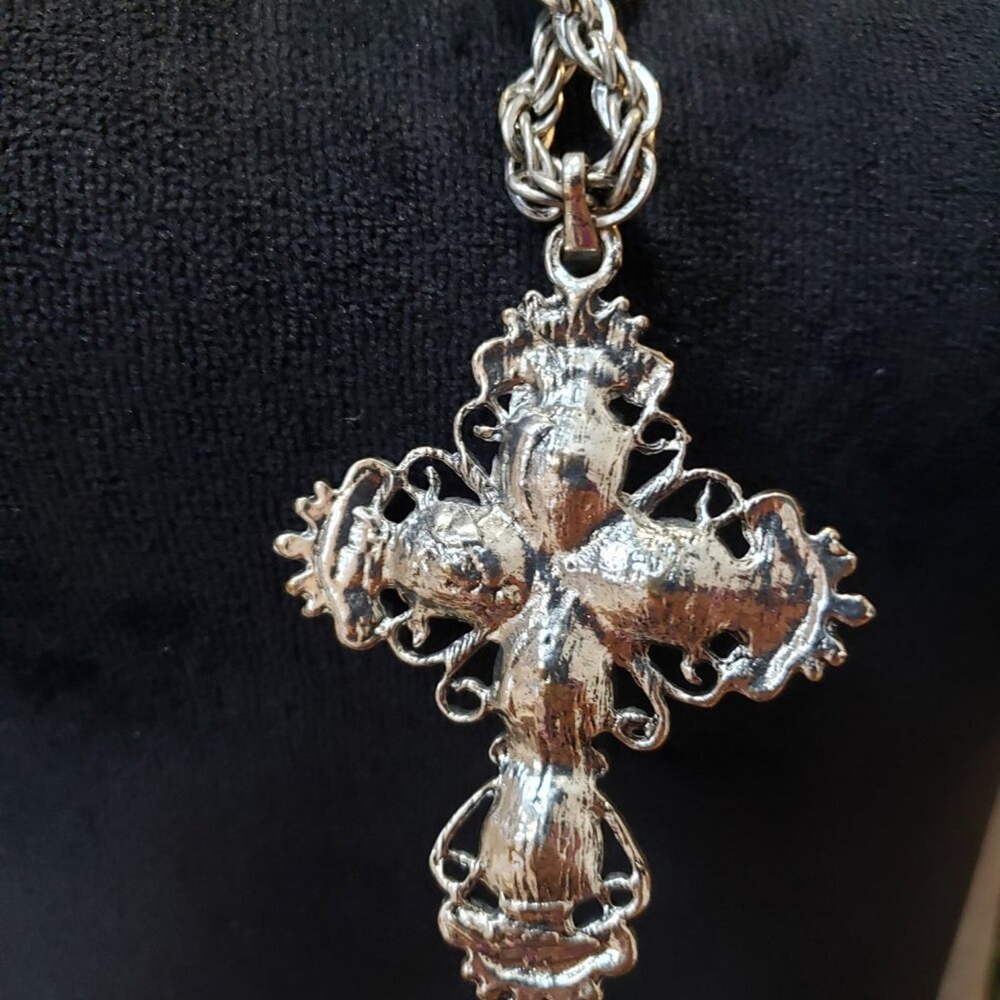 Womens Silver Tone Crystal Cross Pendant Necklace Rope Chain with Lobster Clasp
