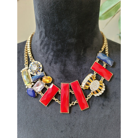Women's Statement Necklace Red And Blue Gemstones Gold Chain With Lobster Lock