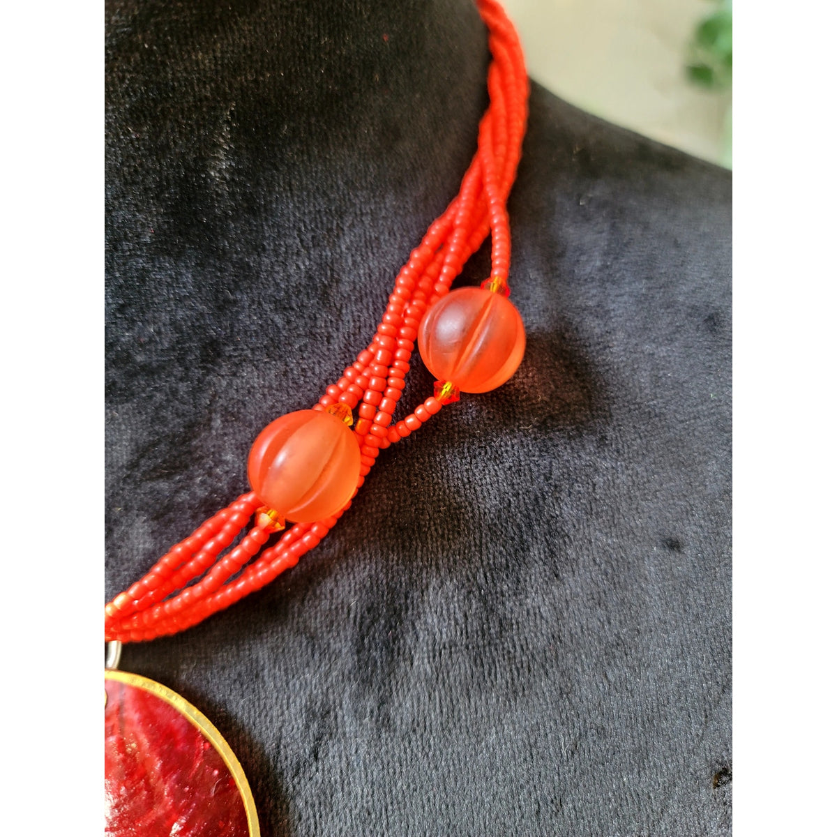 Red Multi-Strand Seed Bead Necklace with Red Enamel Disc Pendant Statement