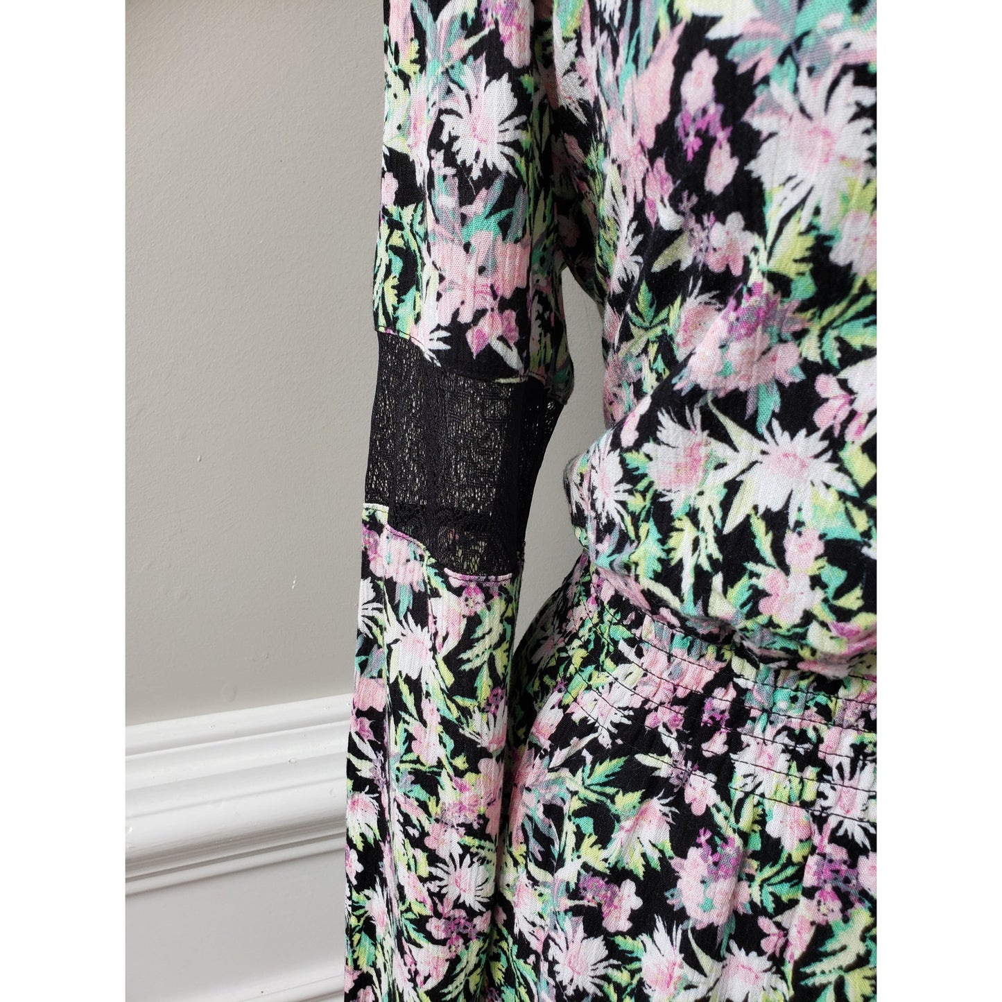 Princess Vera Fit & Flare Dress Women Large Black Floral Round Neck Long Sleeve