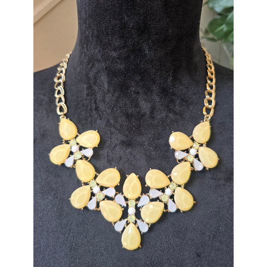 Gold Tone Yellow Teardrop Rhinestone Bib Statement Necklace