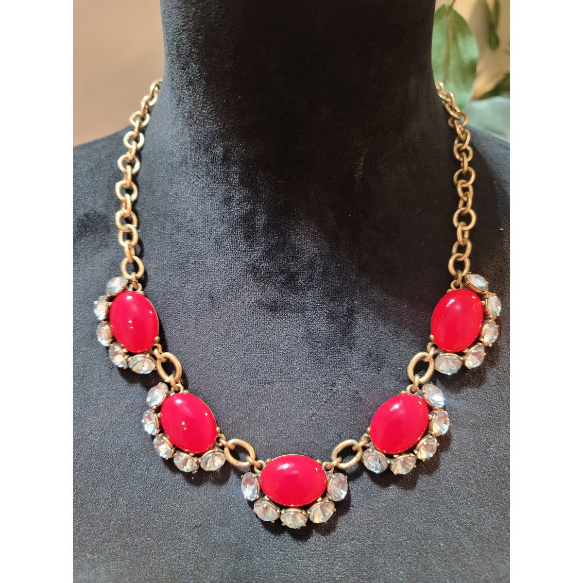Womens Statement Necklace Red Oval Gemstones With Clear Crystals By Stella & Dot