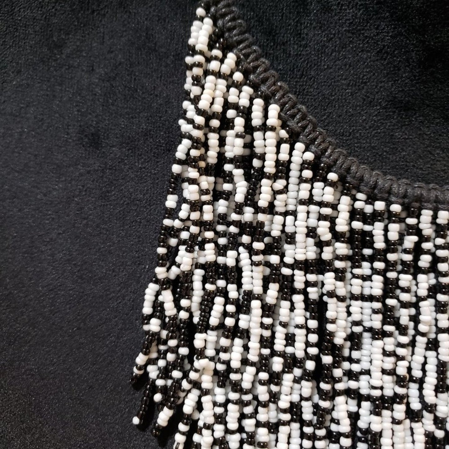 Womens Black White Glass Beaded Woven Fringe Collar Necklace with Lobster Clasp