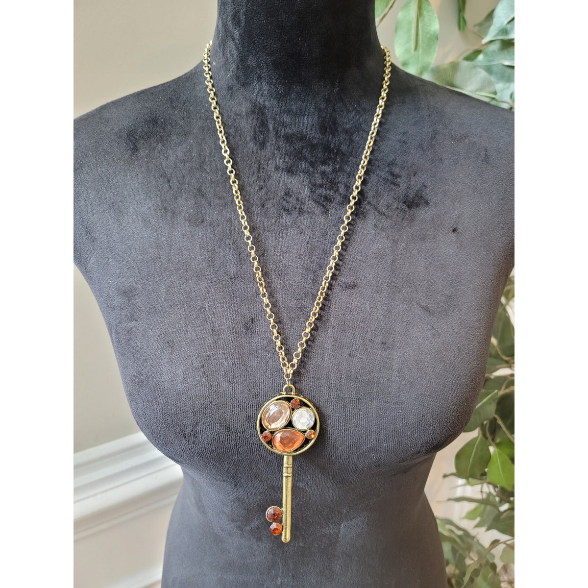 Chico's Women's Key Pendant Necklace With Colorful Gemstones Lobster Clasp Chain