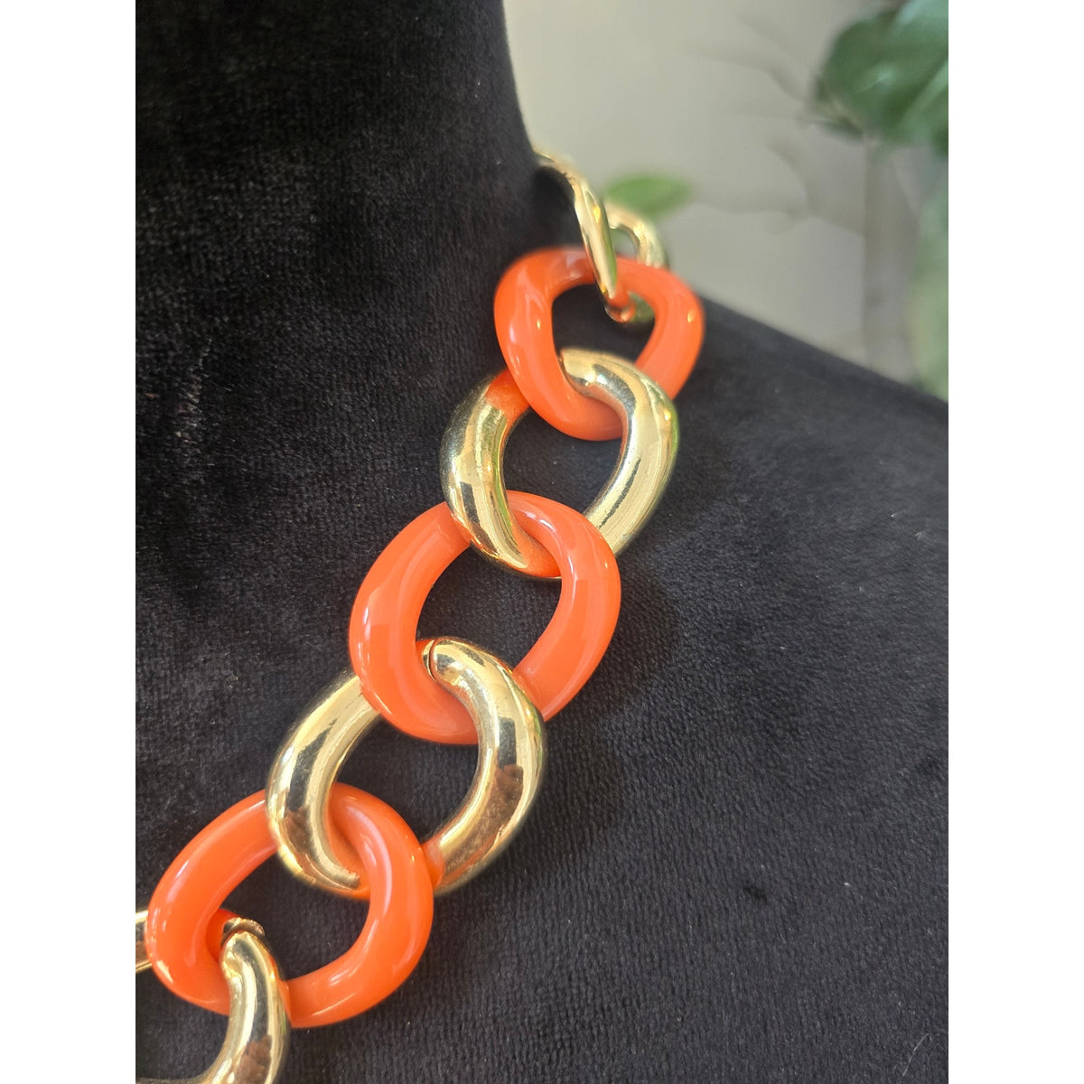 Lightweight Orange Gold Tone Chunky Chain Link Rhinestone Statement Necklace