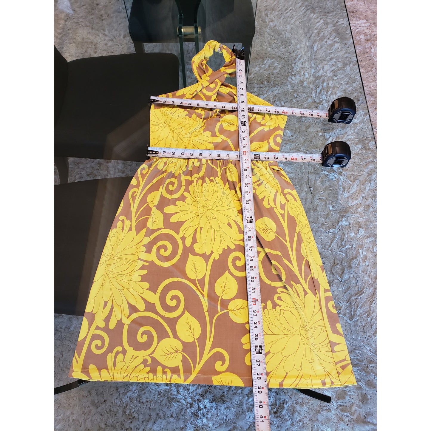 Muse Sheath Dress Women's 12 Yellow Brown Floral Stretch Pleated Helter Neck