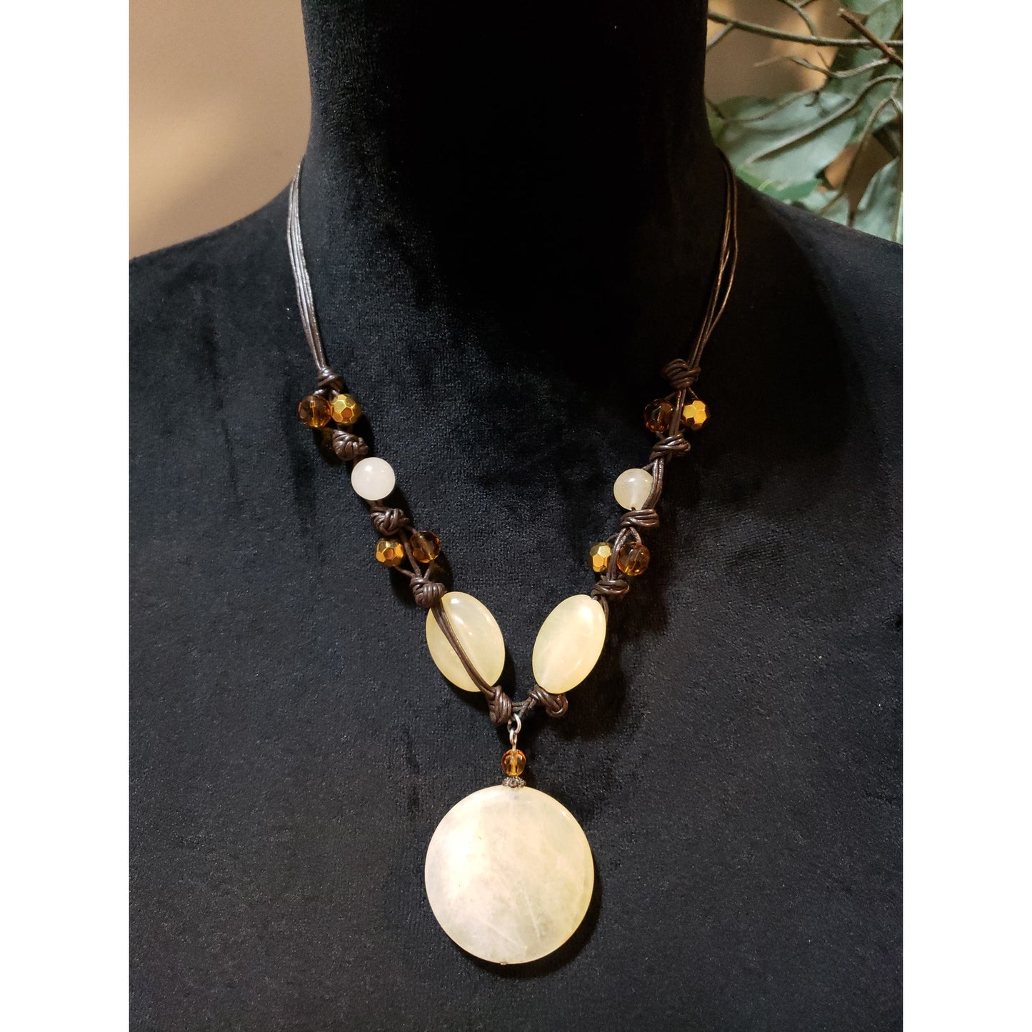 Womens Fashion Crystal on Cord Natural Stone Round Pendant Necklace with Lobster