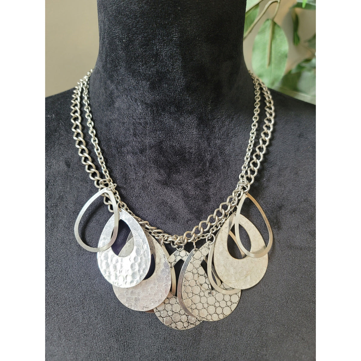 Womens Statement Bib Necklace Silver Tone Layered Teardrop Pendant Lobster Clasp