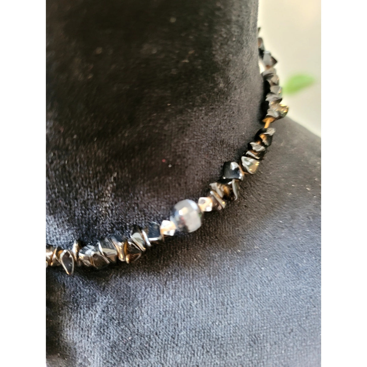 Black Stone Beaded Choker Necklace with Crystal Tassel Fringe Gothic Boho