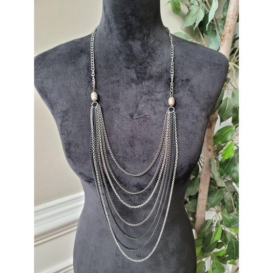 Women's Layered Chain Tassel Necklace with Lobster Clasp Silver Tone Jewelry