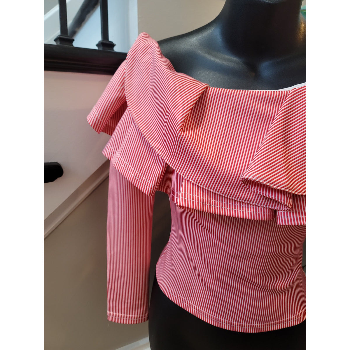 Banjul Blouse Women's Size M Red White Pinstripe Off Shoulder Ruffle Top