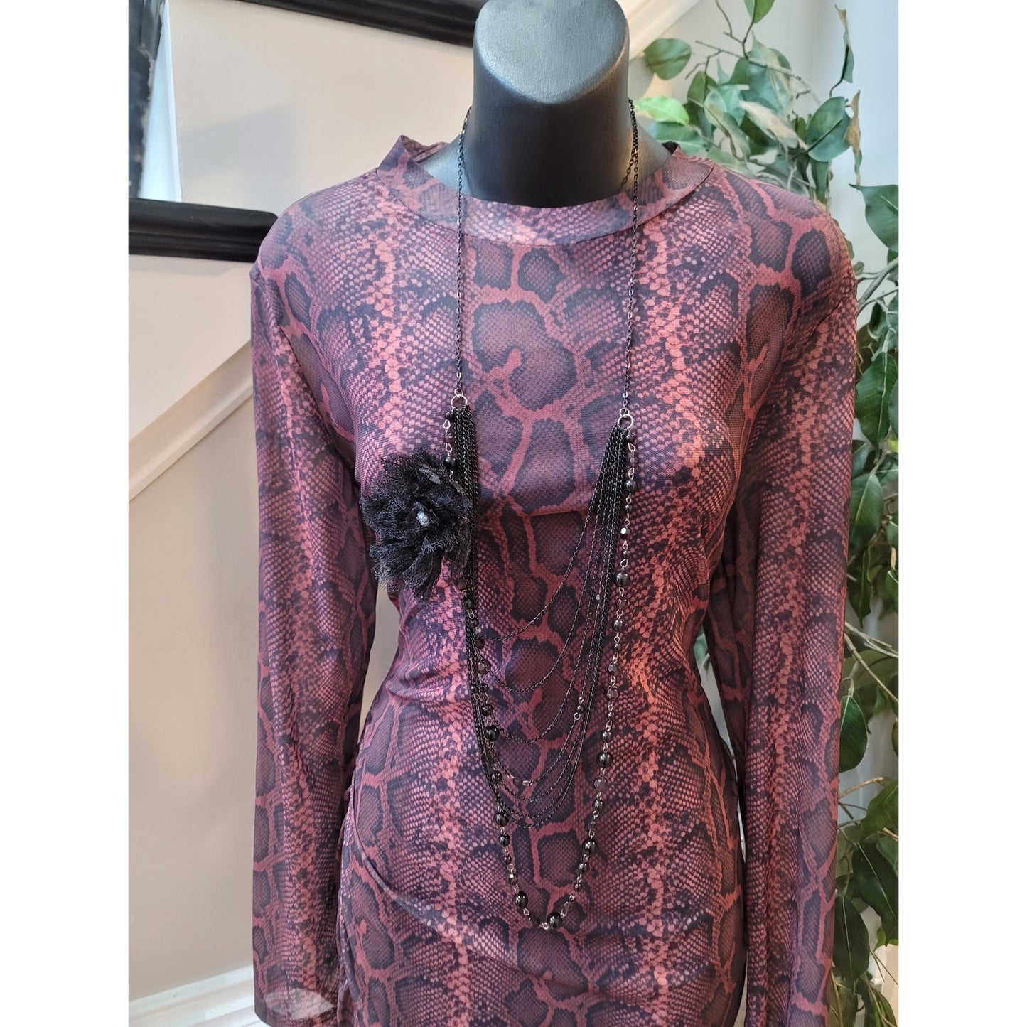 Bodycon Dress Women XL Purple Snake Print Mock Neck Long Sleeve Ruched