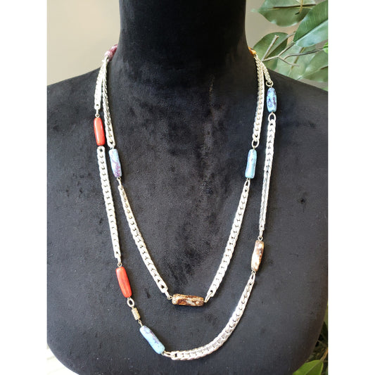 Women Silver Chain Long Necklace with Colorful Oval Glass Beads