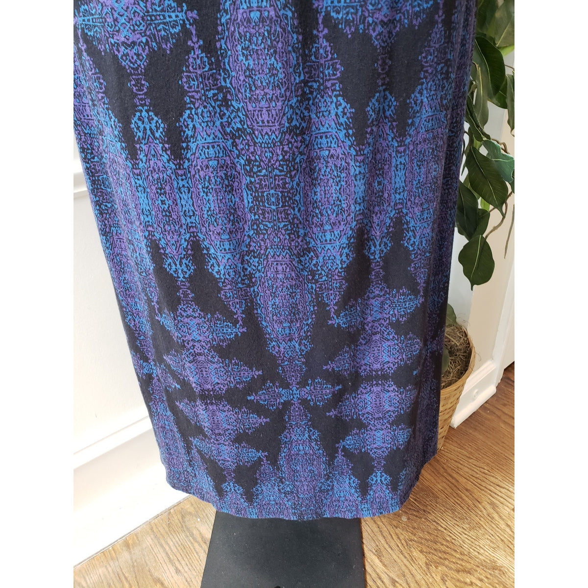 Gap Smocked Long Maxi Dress Women's Small Black Blue Geo Print Off The Shoulder
