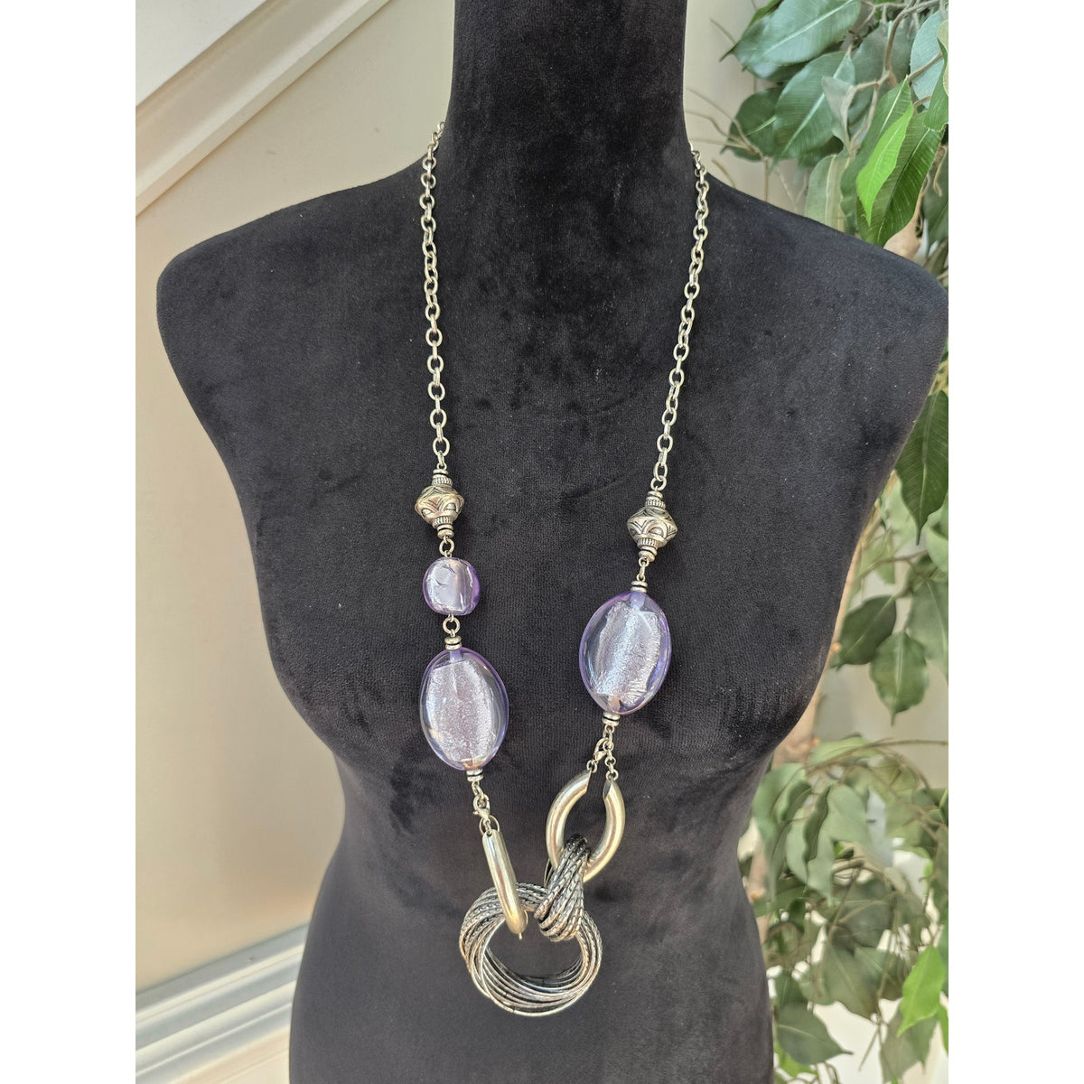 Long Purple Beaded Pendant Necklace Silver Tone Swirl Statement Jewelry
