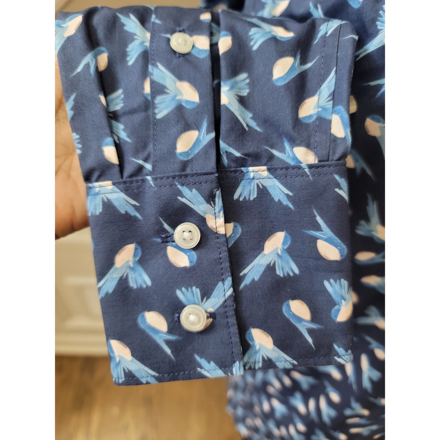 Lands End Shirt Women's Size 8 Blue Bird Print Long Sleeve Supima Cotton No Iron