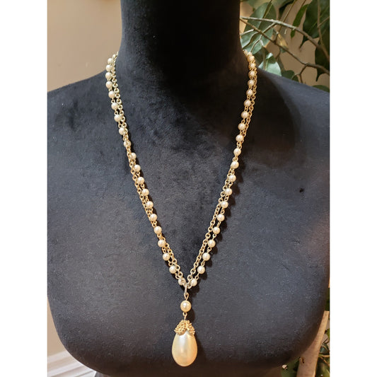 Womens Fashion 2 Strand Gold Tone Napier Faux Pearl Teardrop Necklace Jewelry