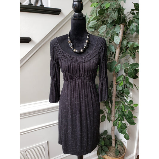 Max Studio Shift Dress Womens XS Black Stretch Ruched Knee Length Flared Sleeve