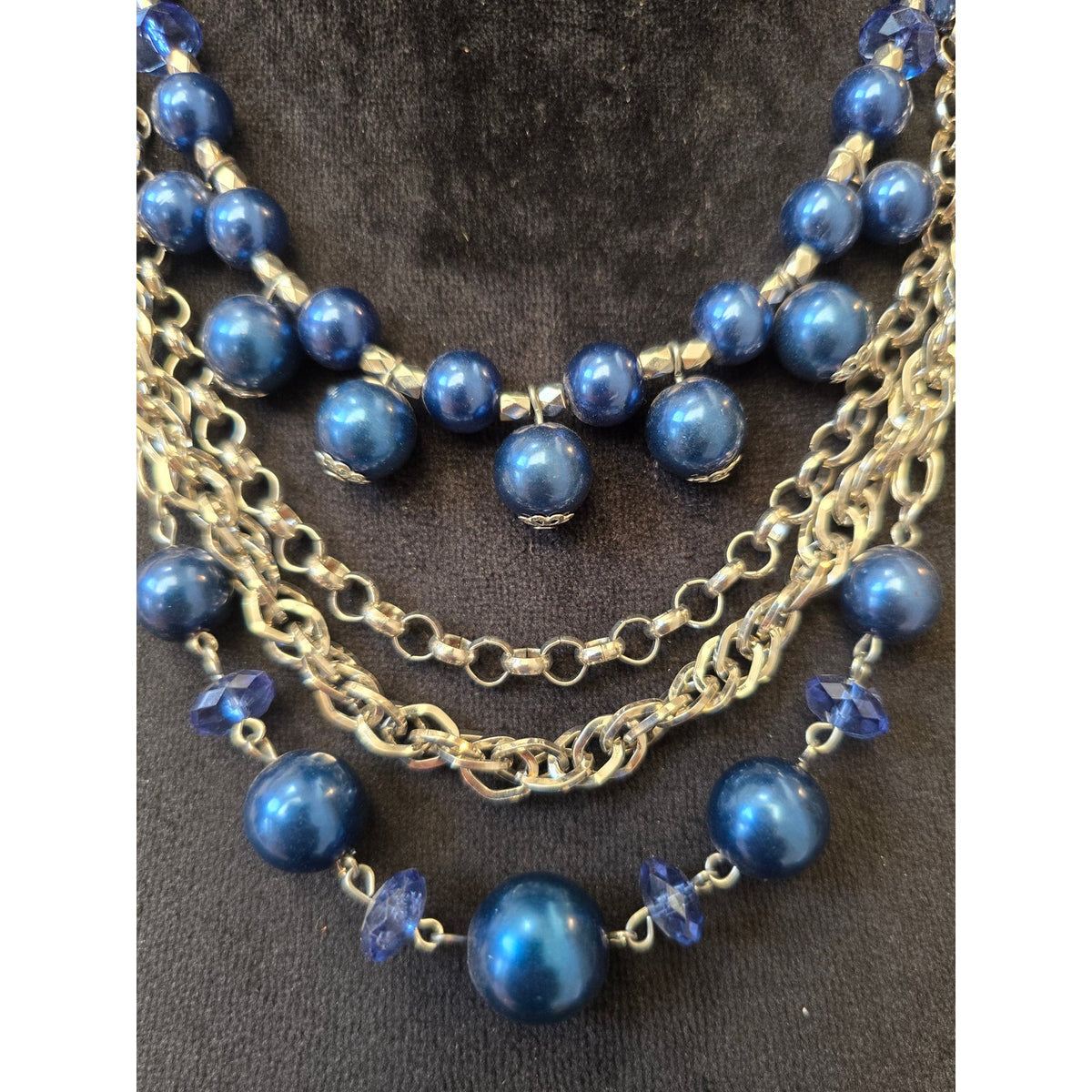 Women's Silver-Tone Multi-Strand Chain Blue Ball Beaded Statement Bib Necklace