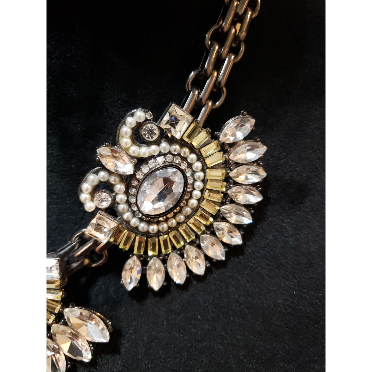 Womens Faux Pearls with Prong Set Crystals Floral Statement Necklace Jewelry