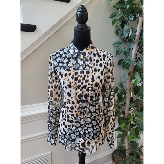 ASOS DESIGN Blouse Women's Size 8 Black Beige Animal Print Long Sleeves Shirt