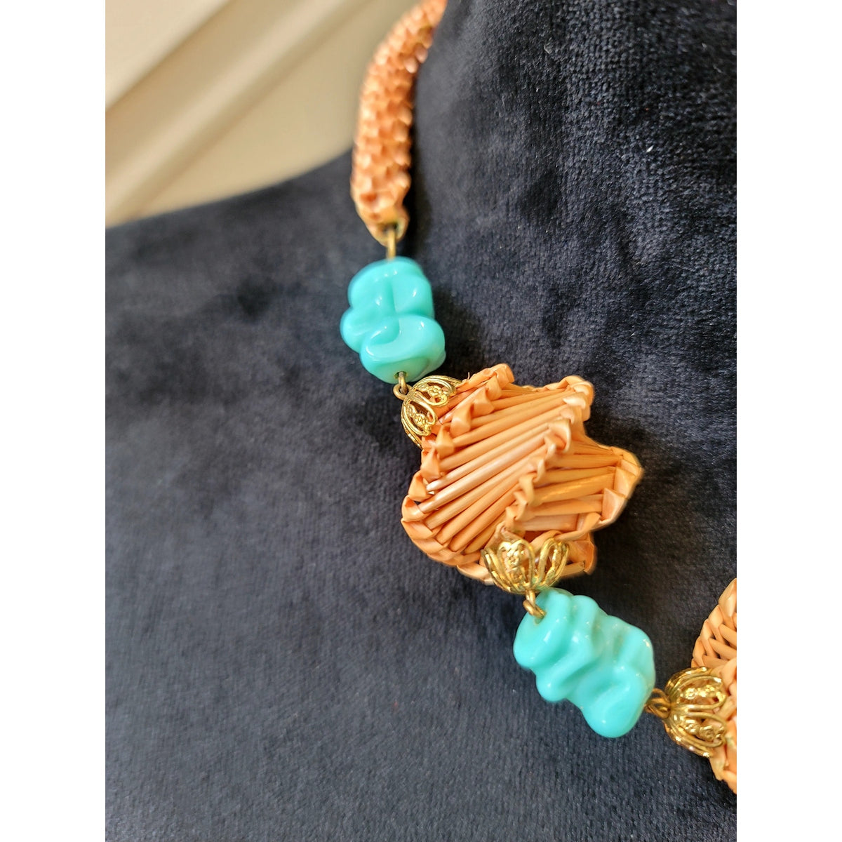 Boho Woven Raffia Turquoise Beaded Statement Necklace Orange Geometric Chunky