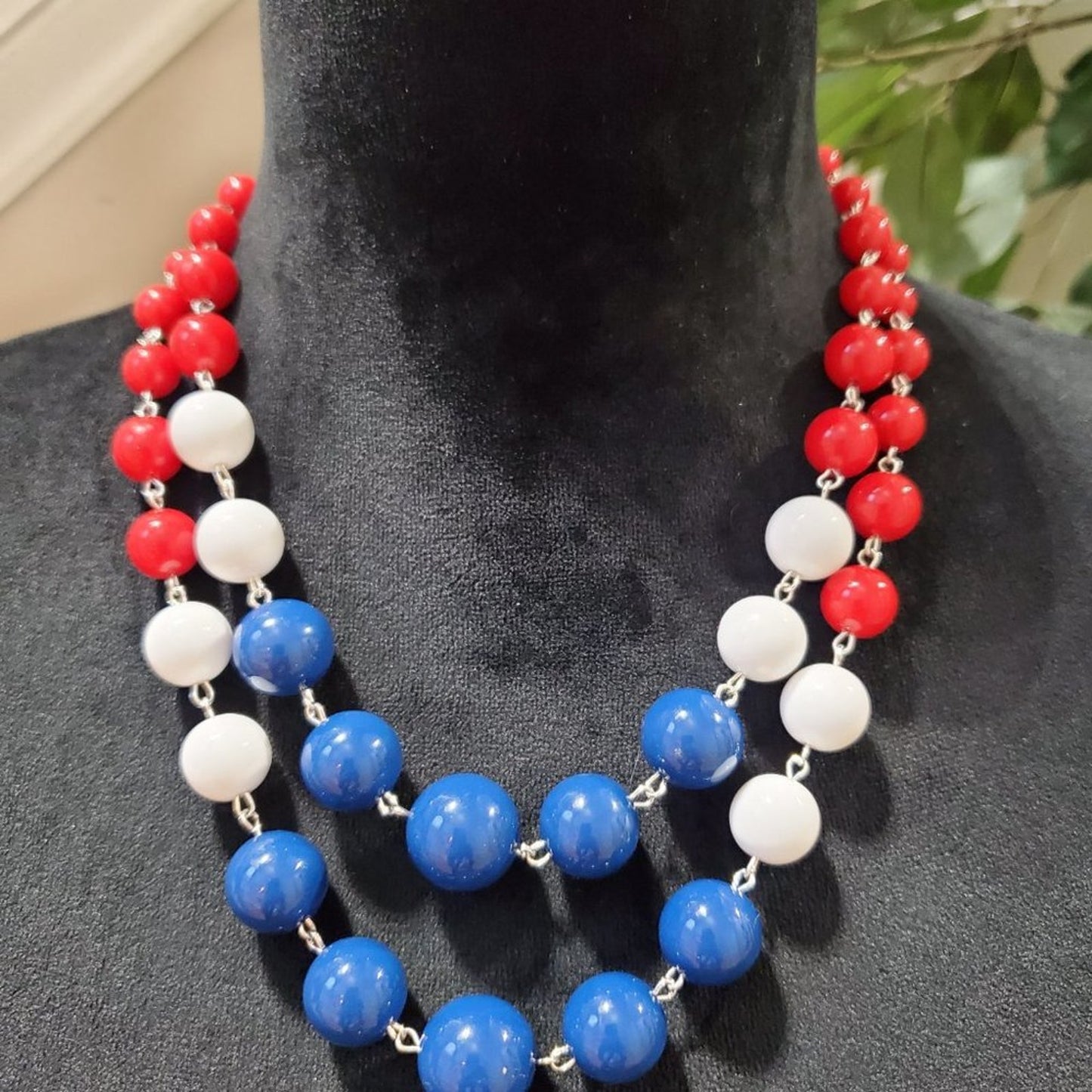 Womens Fashion White Blue Red Lucite Bead Opera Collar Necklace w/ Lobster Clasp