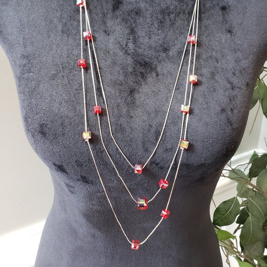 Womens Gold Tone 3 Strand Wire and Red Crystal Beads Necklace with Lobster Clasp