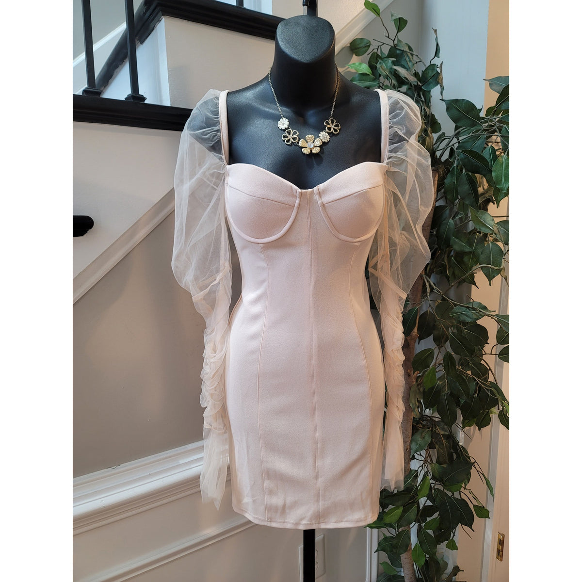 Womens Cocktail Dress Medium Pink Sheer Long Sleeve Mesh Bustier Bodycon Party