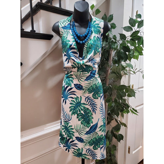 Shein Women's Green Floral Halter V-Neck Sleeveless Knee Length Dress Medium