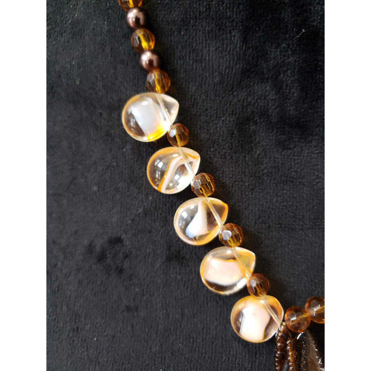 Vintage Amber Glass Bead Necklace with Teardrop Pendant and Gold Accents