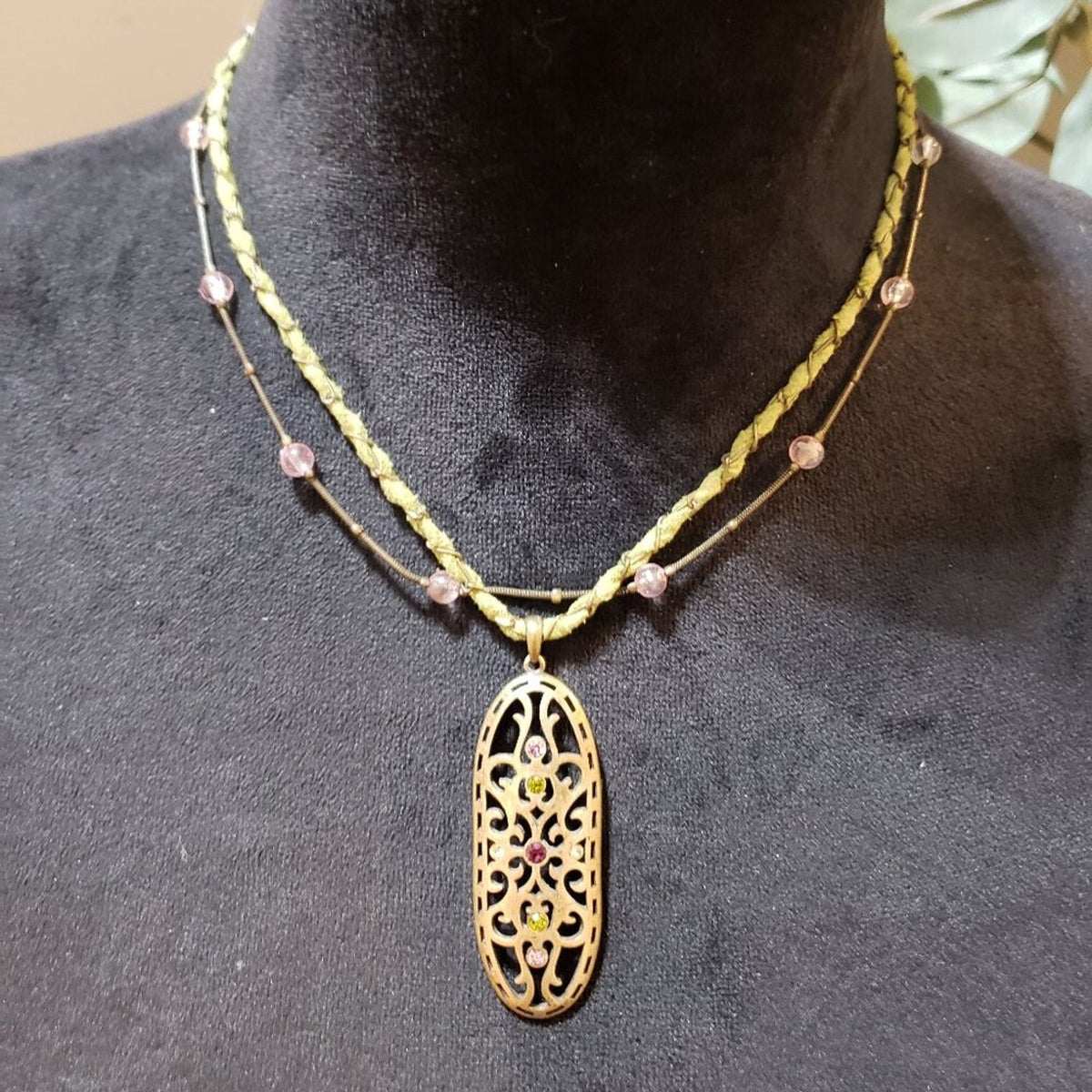 Womens Fashion Multi Zircon Wire Wrap Cord Filigree Pendant Necklace w/ Lobster