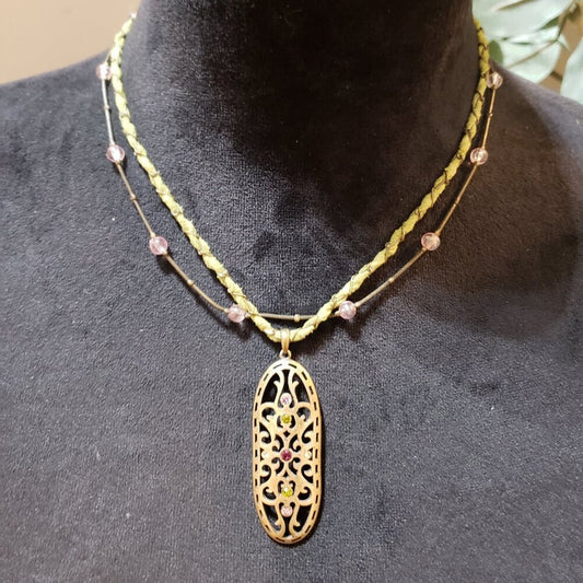 Womens Fashion Multi Zircon Wire Wrap Cord Filigree Pendant Necklace w/ Lobster