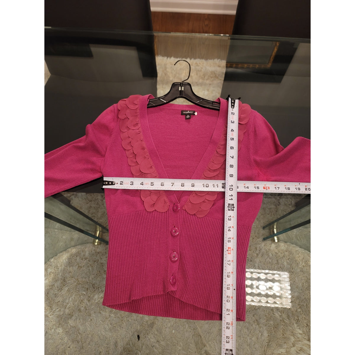 Nine West Cardigan Sweater Women's Small Pink Ribbed Petal Trim V-Neck Button
