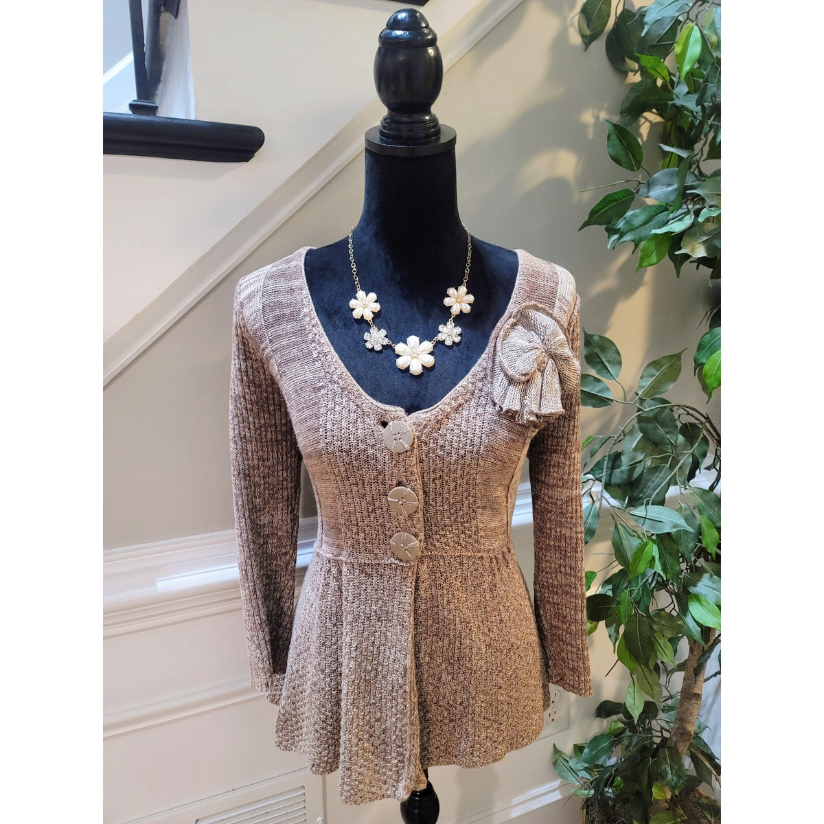 New Directions Cardigan Sweater Women's SZ XL Brown Button Front Deep V-Neck