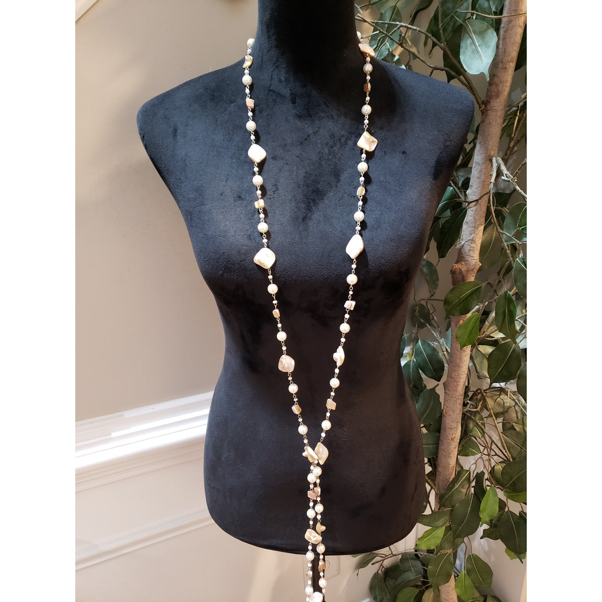 Womens Silver Oyster Shells Faux Pearl Blister Beads Long Necklace w/ Earrings
