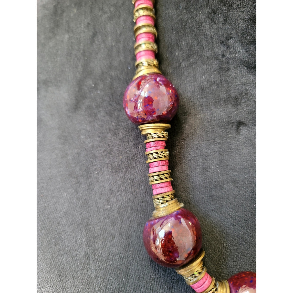 Purple Beaded Statement Necklace with Gold Tone Spacers Chunky Boho Jewelry