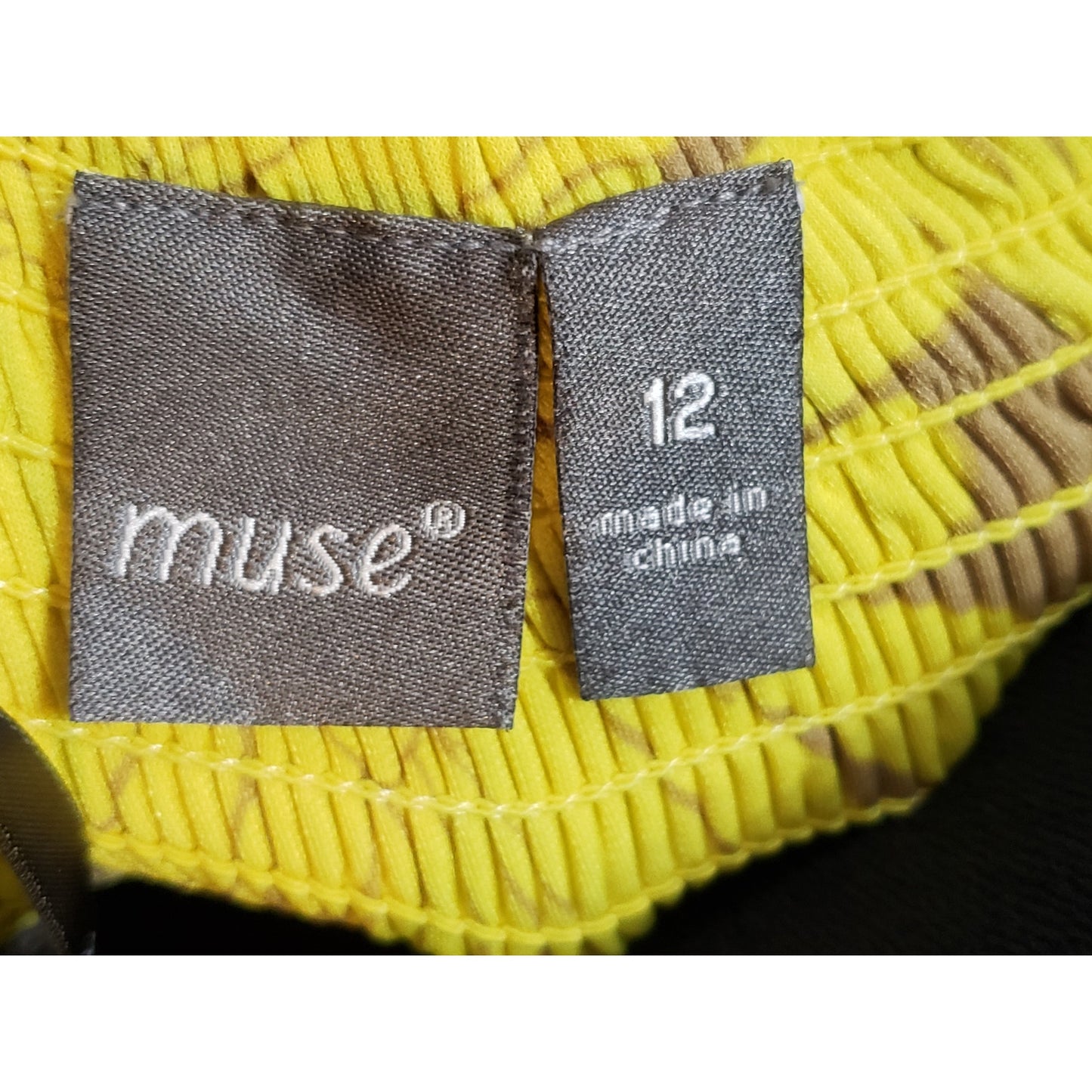 Muse Sheath Dress Women's 12 Yellow Brown Floral Stretch Pleated Helter Neck