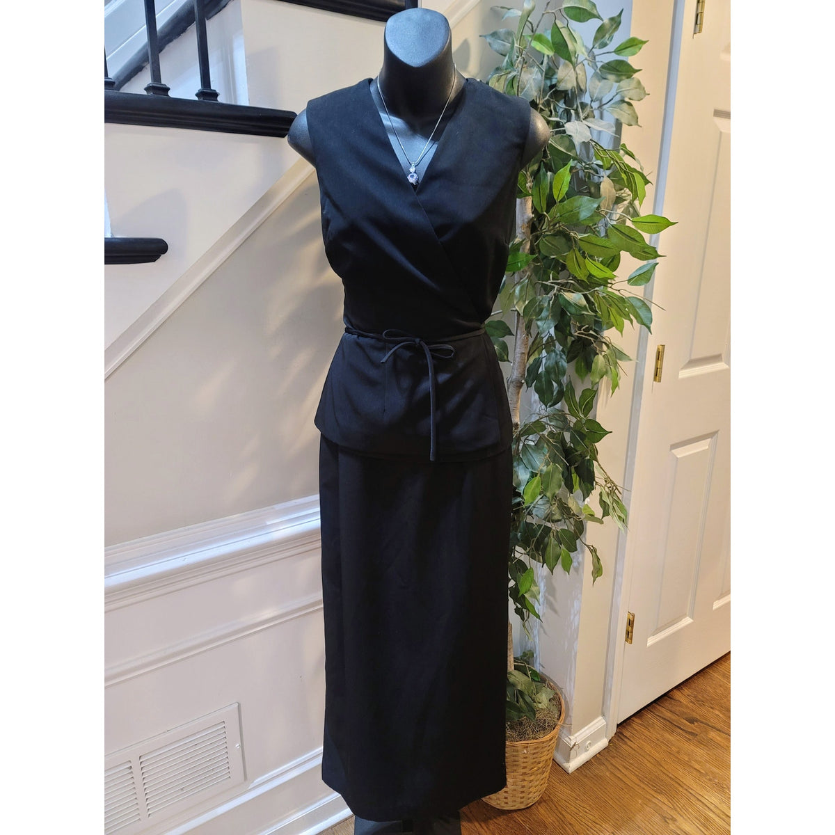 Vintage Althusser Midi Dress Women 6 Black Belted Wrap V-Neck Sleeveless Formal