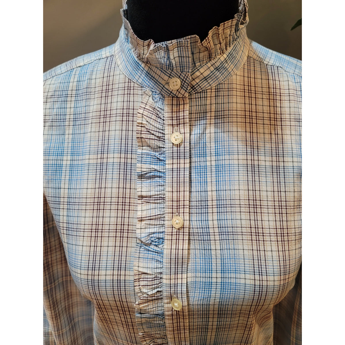 Loft Shirt Women XS Multi Cotton Plaid Ruffle Band Collar Curved Hem Button-Up